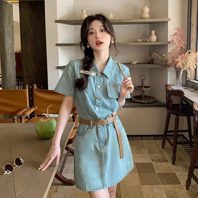 果瑱 学院风小众设计感元气少女穿搭气质舒适时尚纯色清新简约休闲显瘦百搭短袖连衣裙 女款