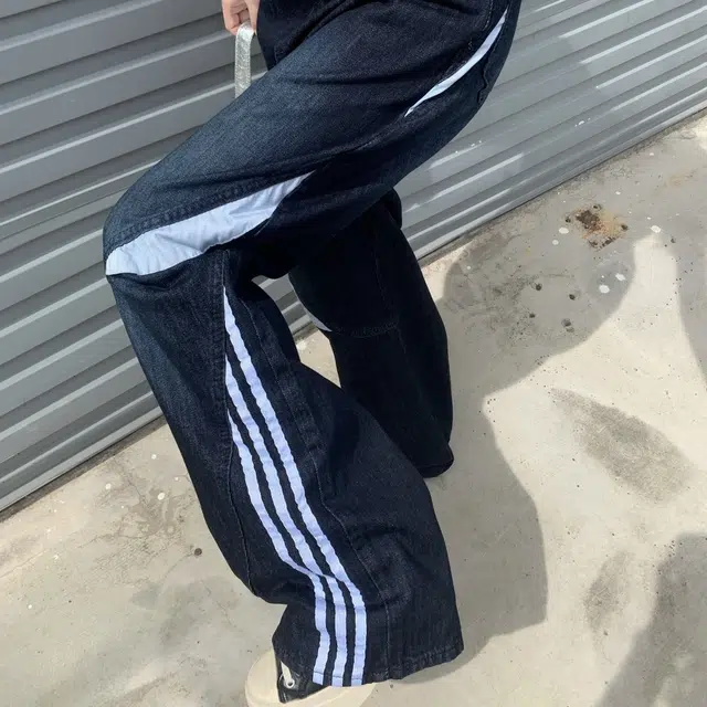 果瑱 小众美式复古怀旧运动风侧边三条杠拼接设计阔腿裤女甜酷辣妹工装裤直筒裤高腰显瘦百搭休闲个性潮流户外牛仔裤 女款