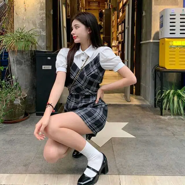 果瑱 学院风小众设计感开学季毕业季日常出游穿搭韩系假两件格子拼接衬衫裙小众高级别致短袖连衣裙 女款