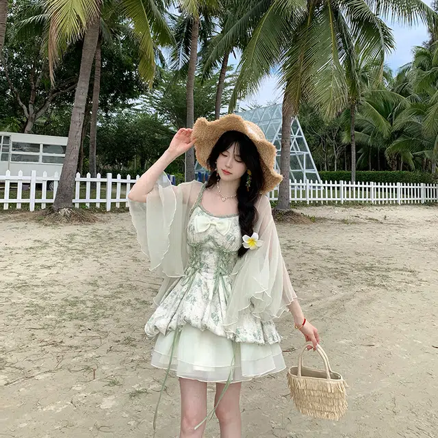 果瑱 法式甜美晕染印花收腰大蝴蝶结花苞公主吊带清新减龄独特漂亮显瘦遮肉夏季吊带碎花连衣裙短裙搭配薄开衫防晒裙装套装 女款