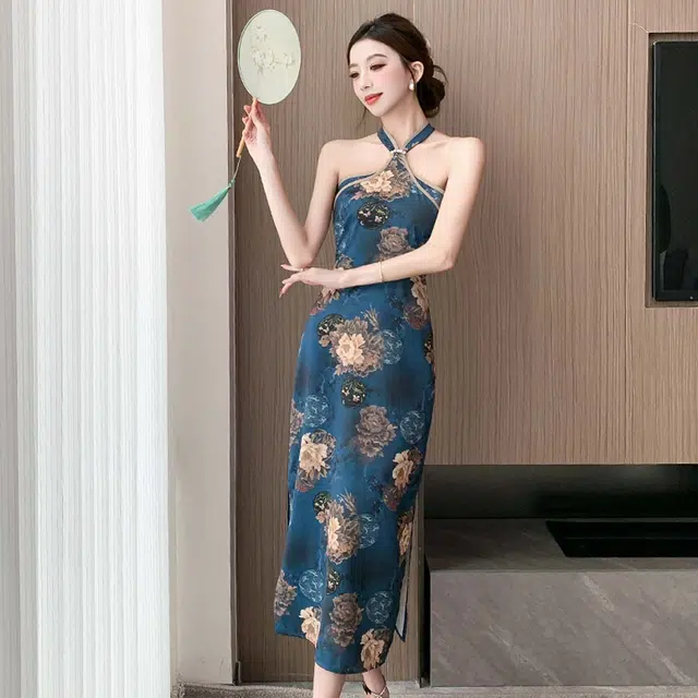 果瑱 画报夫人新中式国风改良纯欲风情万种全包边旗袍气质高级性感包臀长裙子小众设计感千金风质感穿搭无袖连衣裙 女款