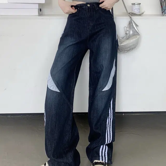 果瑱 小众美式复古怀旧运动风侧边三条杠拼接设计阔腿裤女甜酷辣妹工装裤直筒裤高腰显瘦百搭休闲个性潮流户外牛仔裤 女款