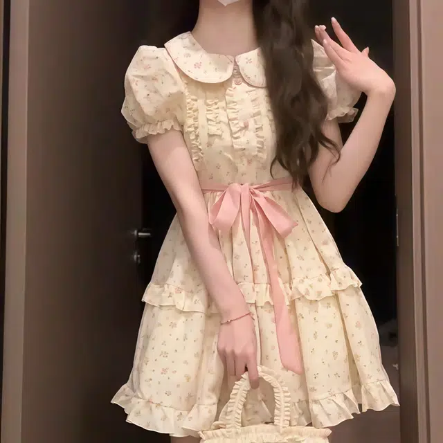 果瑱 温柔甜美高级设计感乖乖女穿搭法式复古氛围感日常通勤小个子碎花花色气质百搭时尚休闲短袖连衣裙 女款