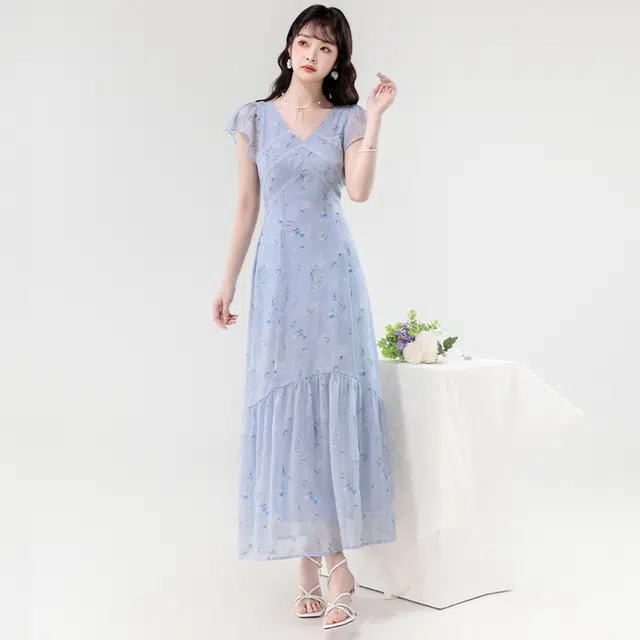 果瑱 法式复古时尚舒适气质优雅蕾丝边拼接碎花女夏季海边沙滩慵懒度假小飞袖雪纺气质长裙乖乖女穿搭短袖连衣裙 女款