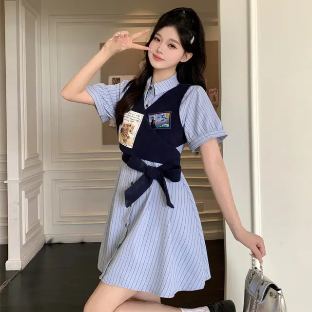 果瑱 学院风小众设计感日常出游绑带设计感马甲上衣气质甜美短袖连衣裙 女款