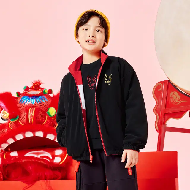 尔克儿童 童装 拼色字母文字动物两面穿立领拉链运动外套 男童女童