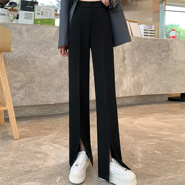 美力城 美式高街纯色高腰褶皱垂感高级感阔腿裤冰丝凉感开叉直筒显瘦休闲裤 女款
