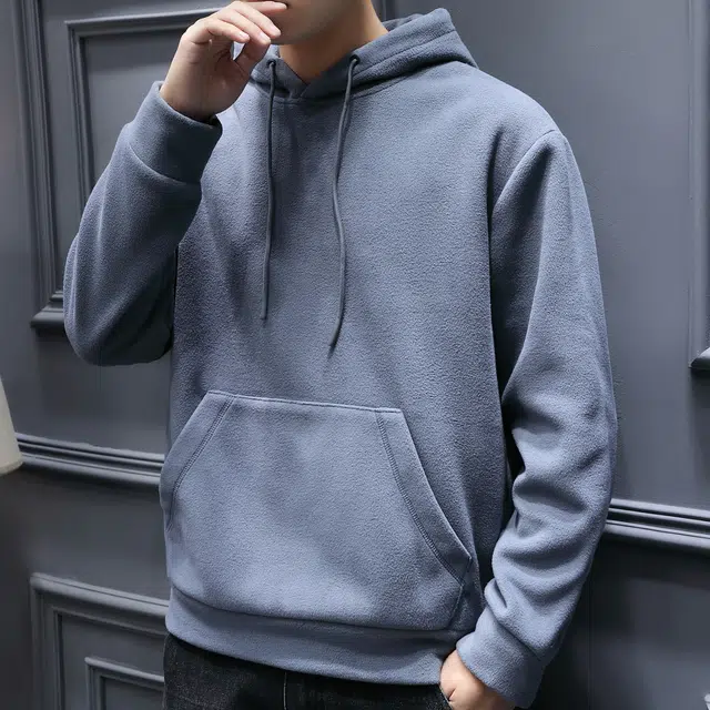 美力城 纯色摇粒绒连帽套头打底长袖卫衣 男款