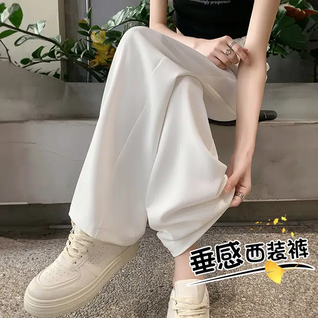 美力城 美式高街时尚潮流双排扣高腰设计感阔腿裤子垂感高级感宽松百搭休闲舒适透气直筒西装裤 女款