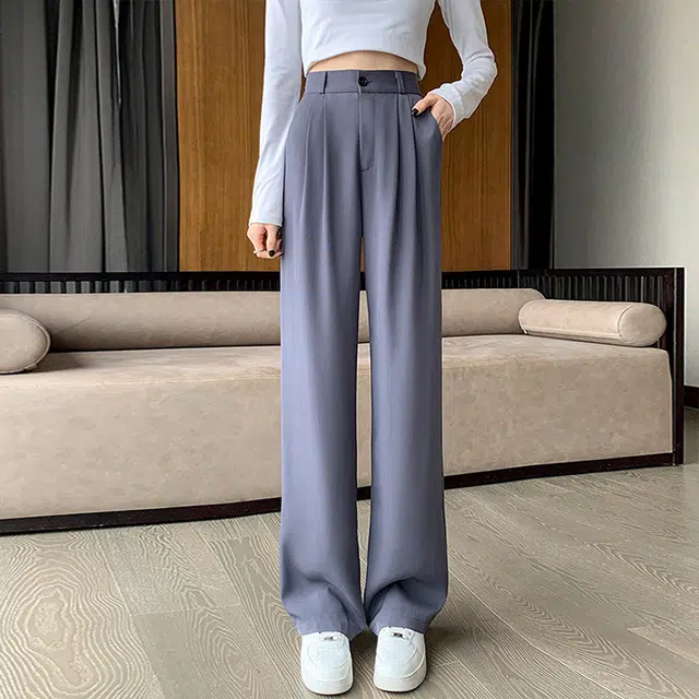美力城 纯色高腰垂感高级感西裤休闲百搭拖地裤子宽松直筒微喇西装裤 女款