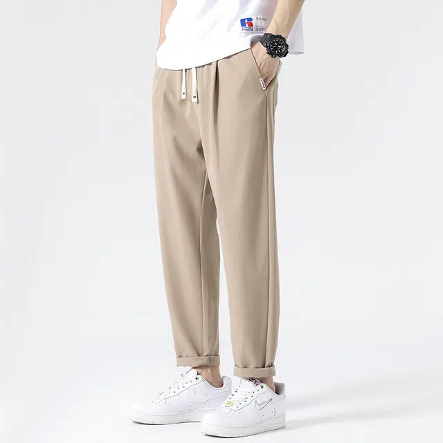 美力城 春夏冰凉透气简约纯色抽绳直筒垂感冰丝通勤户外宽松百搭休闲裤 男女同款