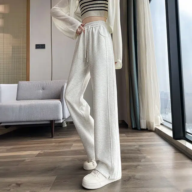 美力城 美式潮流时尚高腰拼接垂感高级感阔腿裤子舒适百搭透气慵懒风宽松直筒休闲裤 女款