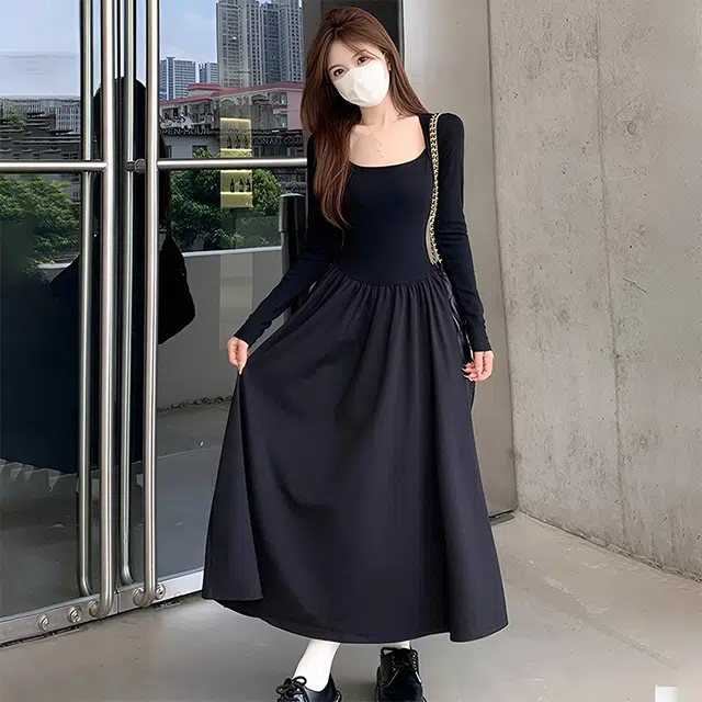 美力城 法式赫本风方领拼接设计感气质性感长款裙子舒适百搭休闲修身显瘦高级感长袖连衣裙 女款 黑色