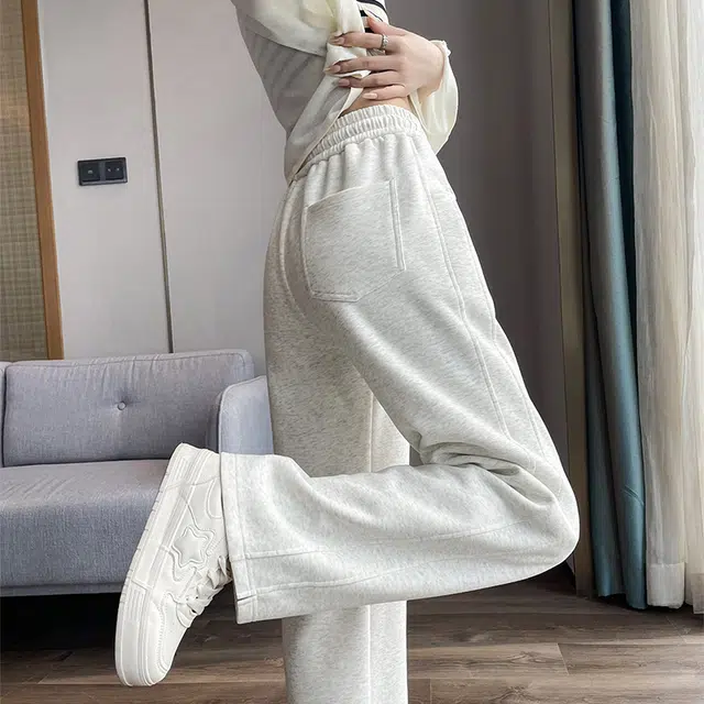 美力城 美式潮流时尚高腰拼接垂感高级感阔腿裤子舒适百搭透气慵懒风宽松直筒休闲裤 女款