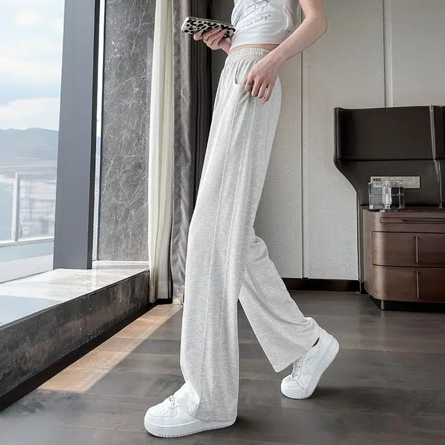 美力城 美式潮流高腰冰丝垂感高级感拼接阔腿裤子舒适百搭透气宽松直筒休闲裤 女款