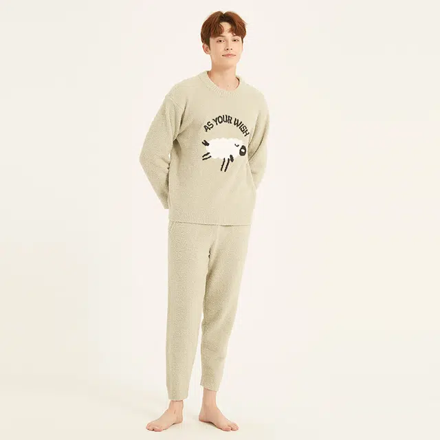 美力城 半边绒圆领套头动物卡通简约休闲家居服可外穿保暖秋冬睡衣套装 男款