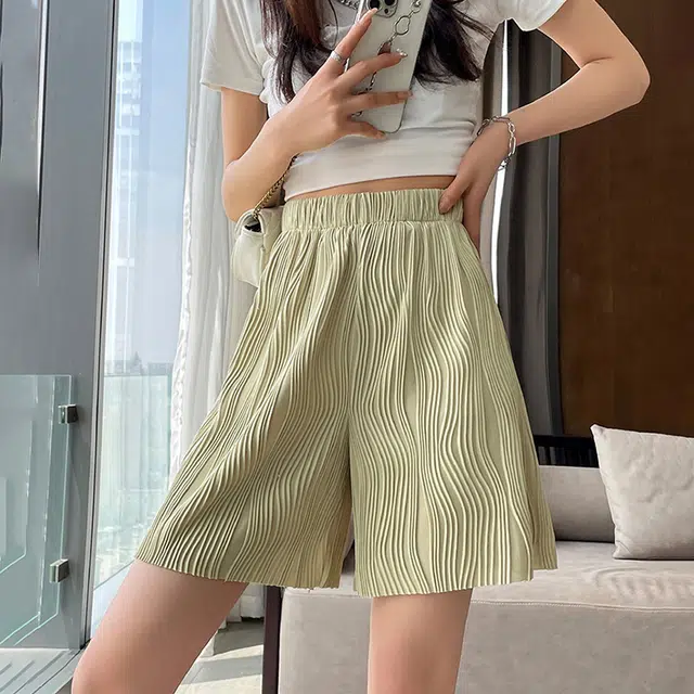 美力城 高腰水波纹褶皱美式宽松慵懒复古纯色阔腿裤垂坠直筒百搭休闲短裤 女款