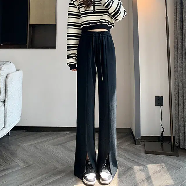 美力城 美式高街纯色高腰开叉设计感宽松阔腿裤子日常通勤舒适百搭慵懒风修身直筒休闲裤 女款