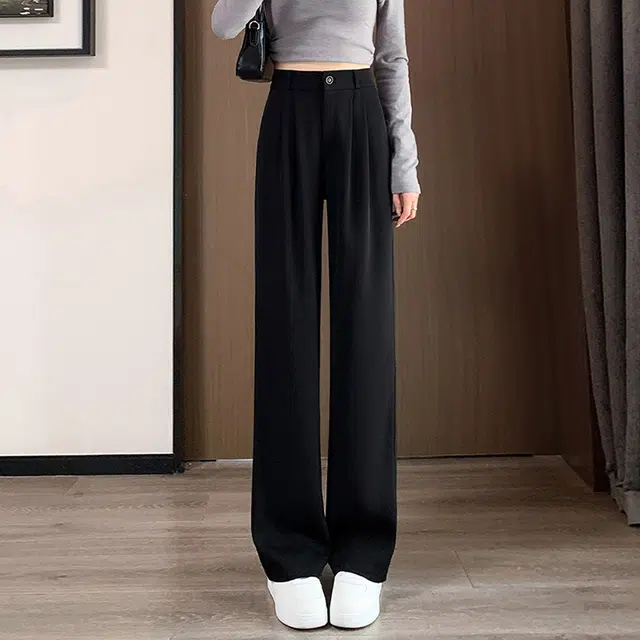 美力城 纯色高腰垂感高级感西裤休闲百搭拖地裤子宽松直筒微喇西装裤 女款