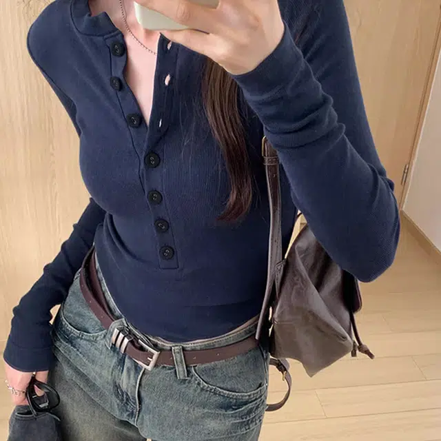 美力城 美式纯欲辣妹风圆领长袖内搭打底衫修身半开衫正肩短款上衣舒适百搭设计感针织衫 女款