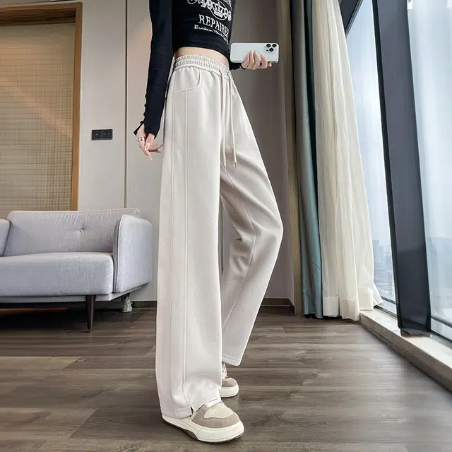 美力城 美式潮流时尚高腰拼接垂感高级感阔腿裤子舒适百搭透气慵懒风宽松直筒休闲裤 女款