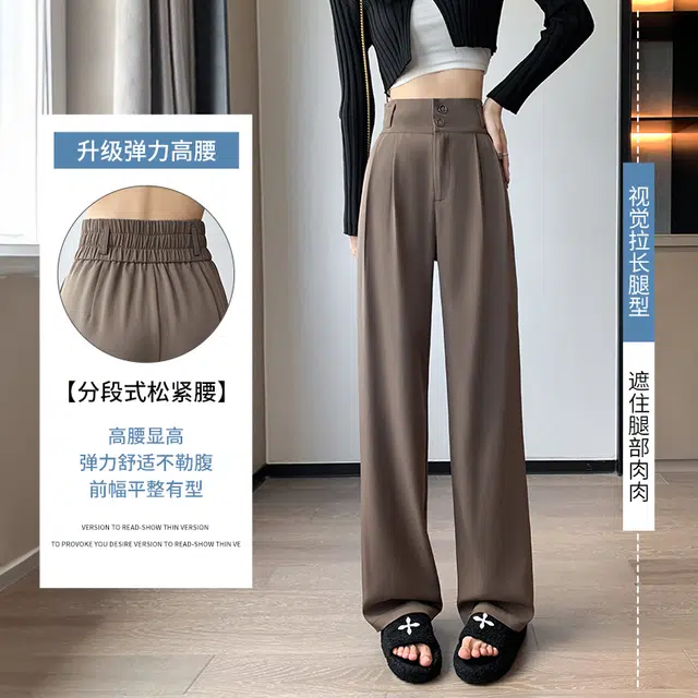 美力城 美式高街时尚潮流双排扣高腰设计感阔腿裤子垂感高级感宽松百搭休闲舒适透气直筒西装裤 女款