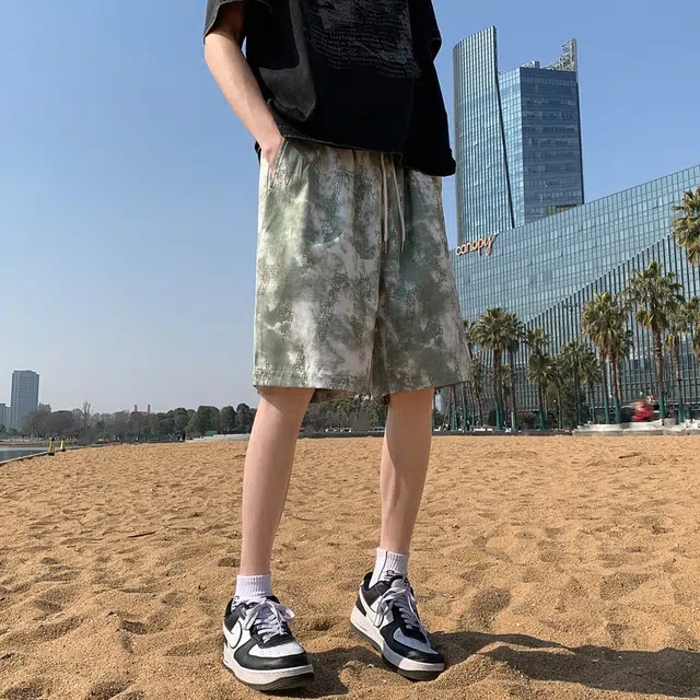 美力城 美式高街扎染抽绳五分裤满印花纹宽松沙滩休闲短裤 男女同款