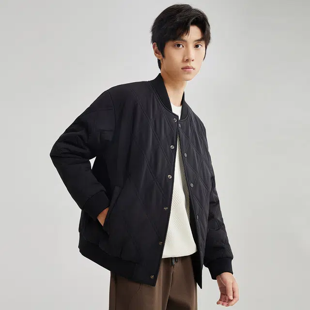 美力城 基础纯色简约菱形格宽松休闲保暖单排扣加厚飞行员棒球领夹克棉服 男款