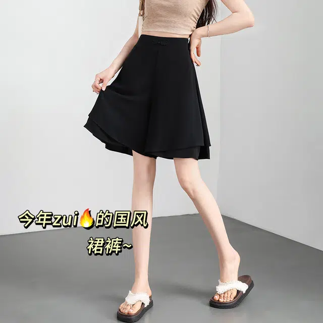 美力城 新中式国风盘扣冰丝垂感裙裤时尚潮流舒适百搭气质凉感休闲短裤 女款