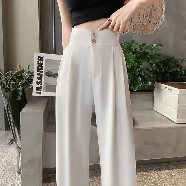 美力城 美式高街时尚潮流双排扣高腰设计感阔腿裤子垂感高级感宽松百搭休闲舒适透气直筒西装裤 女款