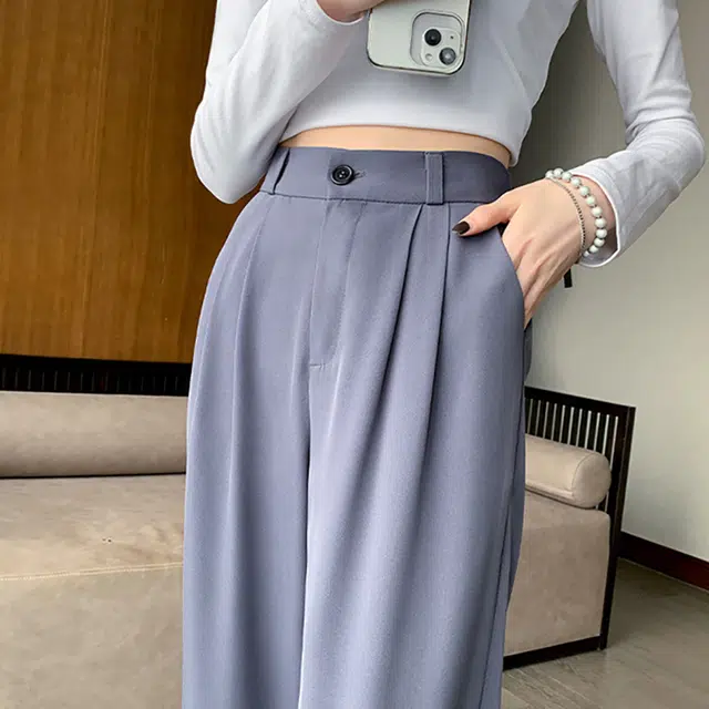 美力城 纯色高腰垂感高级感西裤休闲百搭拖地裤子宽松直筒微喇西装裤 女款