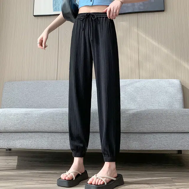 美力城 日系百褶条凉感高腰灯笼裤垂感百搭通勤束脚显瘦休闲裤 女款
