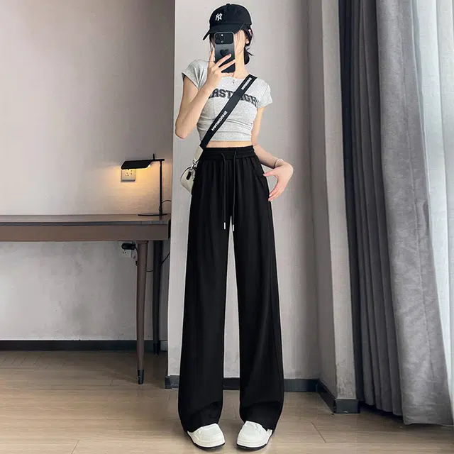 美力城 美式高街薄款冰丝凉感高腰宽松直筒拖地裤垂感百搭通勤阔腿显瘦休闲裤 女款