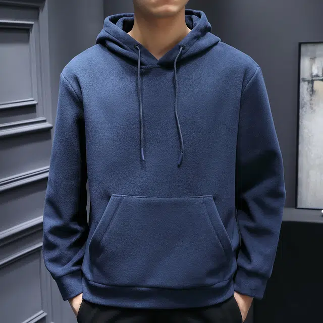 美力城 纯色摇粒绒连帽套头打底长袖卫衣 男款