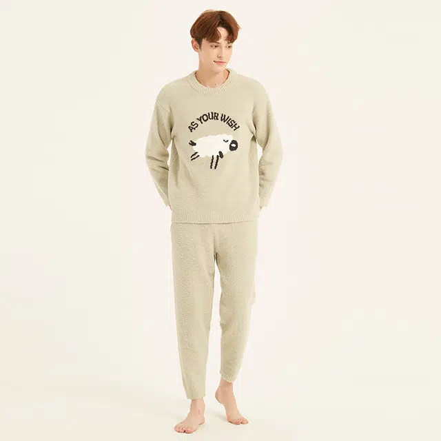 美力城 半边绒圆领套头动物卡通简约休闲家居服可外穿保暖秋冬睡衣套装 男款