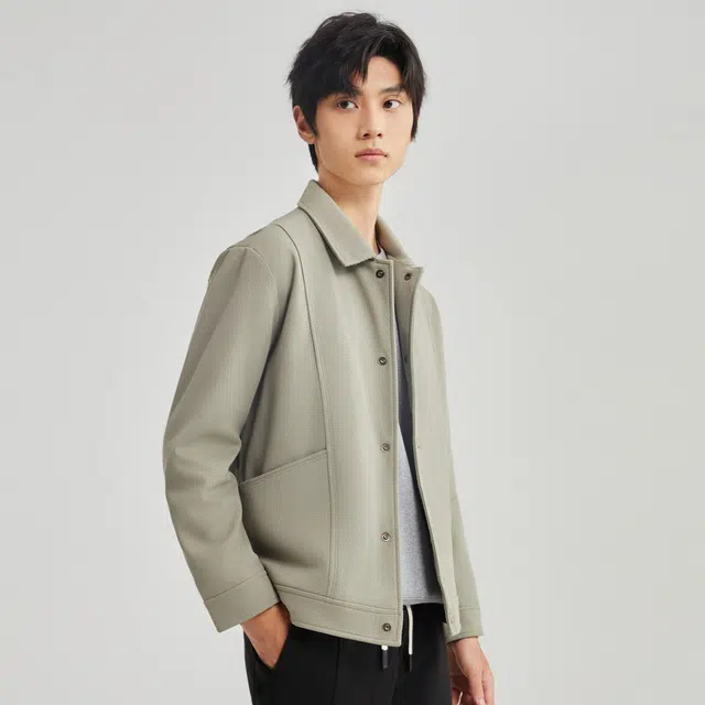 美力城 纯色简约基础款防风翻领工装休闲宽松百搭单排扣长袖夹克外套 男款