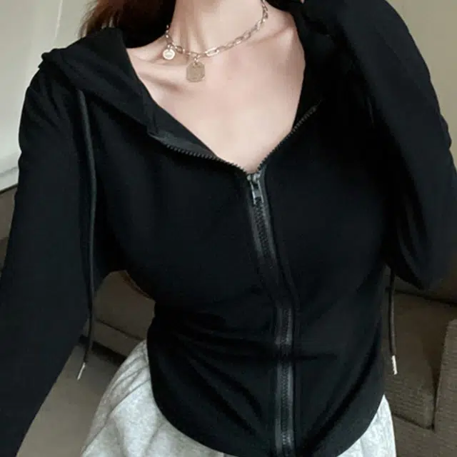 美力城 美式辣妹连帽收腰修身显瘦学院风短外套薄款纯色拉链长袖开衫卫衣 女款