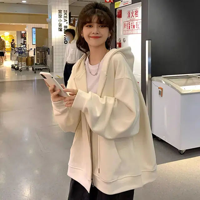 美力城 重磅加绒加厚学院风简约基础款秋冬百搭宽松休闲开衫外套连帽卫衣 女款