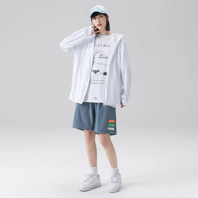 美力城 纯色简约冰肤薄款户外连帽拉链宽松休闲防晒服 男女同款
