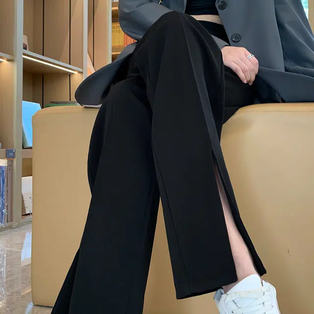 美力城 美式高街纯色高腰褶皱垂感高级感阔腿裤冰丝凉感开叉直筒显瘦休闲裤 女款