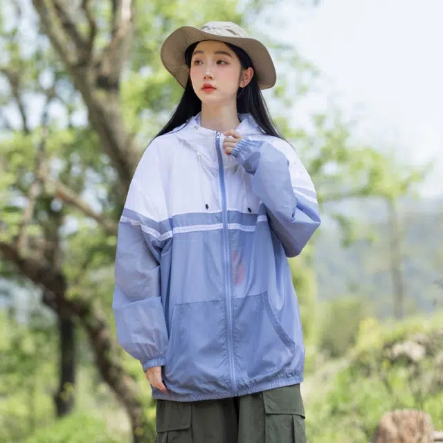 美力城 撞色拼接轻薄凉感户外皮肤衣简约宽松长袖连帽抽绳防晒服 男女同款