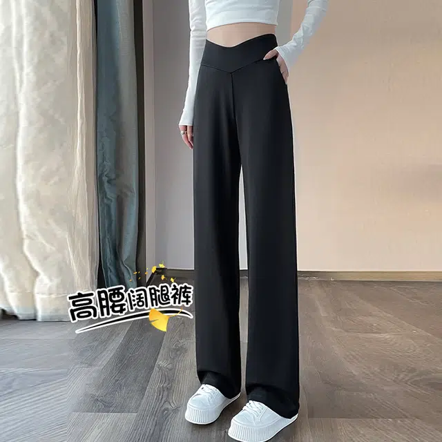 美力城 纯色冰丝高腰拼接薄款罗马布弹力阔腿裤简约宽松松紧腰拖地休闲裤 女款 黑色