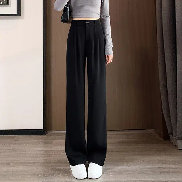 美力城 纯色高腰垂感高级感西裤休闲百搭拖地裤子宽松直筒微喇西装裤 女款