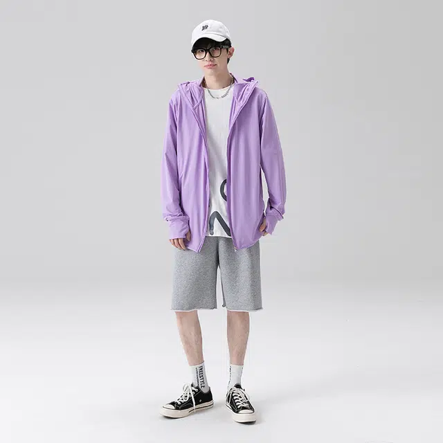 美力城 纯色简约冰肤薄款户外连帽拉链宽松休闲防晒服 男女同款