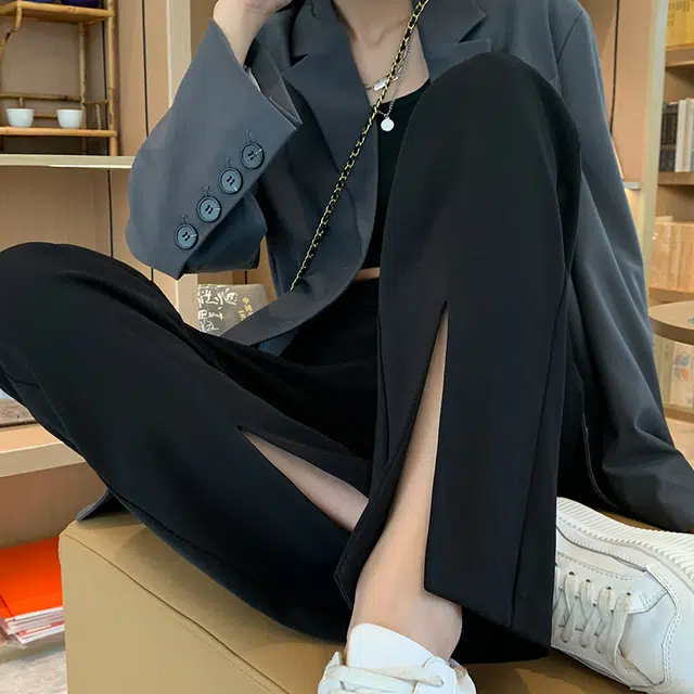 美力城 美式高街纯色高腰褶皱垂感高级感阔腿裤冰丝凉感开叉直筒显瘦休闲裤 女款