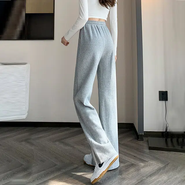 美力城 美式高街纯色高腰开叉设计感宽松阔腿裤子日常通勤舒适百搭慵懒风修身直筒休闲裤 女款