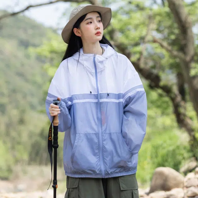 美力城 撞色拼接轻薄凉感户外皮肤衣简约宽松长袖连帽抽绳防晒服 男女同款