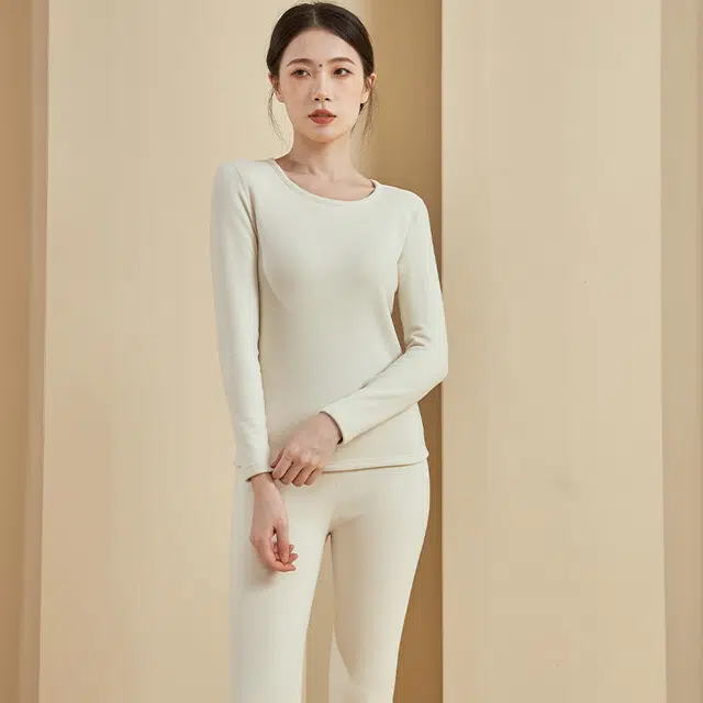 美力城  速干德绒山羊绒蚕丝冬季加绒保温发热内搭长袖长裤秋衣防寒保暖套装 女款