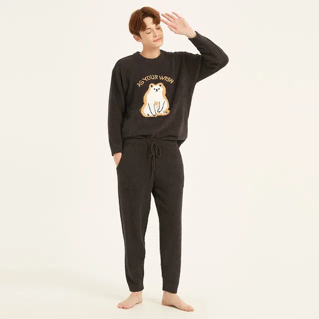 美力城 半边绒圆领套头动物卡通简约休闲家居服可外穿保暖秋冬睡衣套装 男款