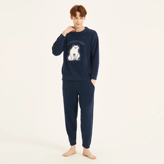 美力城 半边绒圆领套头动物卡通简约休闲家居服可外穿保暖秋冬睡衣套装 男款